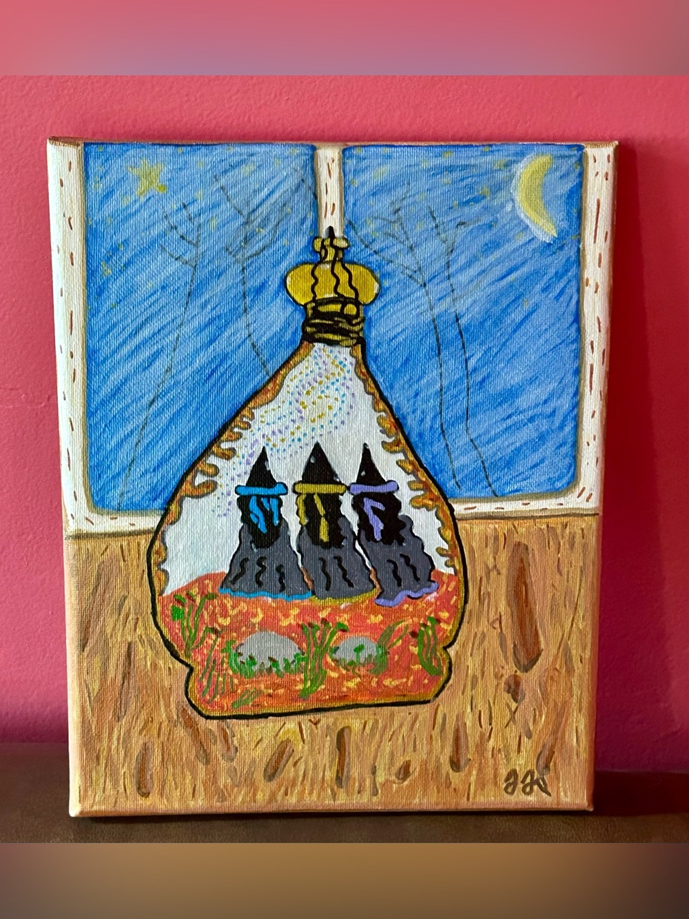 One Of A Kind Original Whimsical Trio Of Witches In A Potion Bottle Painting